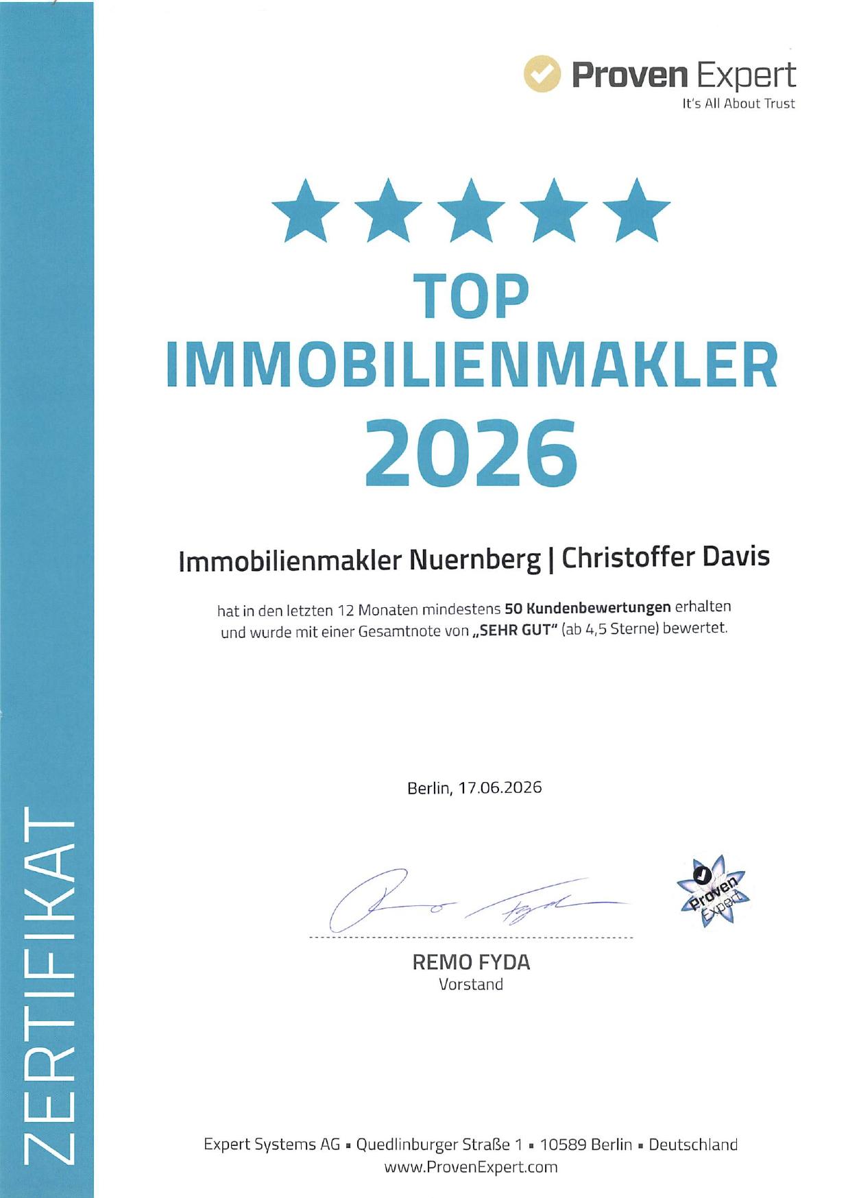 Zertifikat: Auszeichnung Top Immobilienmakler 2026 von ProvenExpert für Davis & Partner