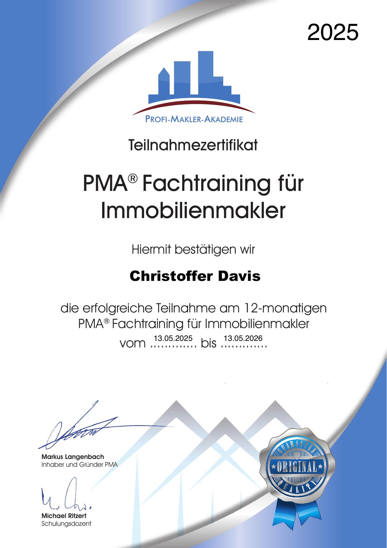 Zertifikat: PMA® 12-monatiges Fachtraining für Immobilienmakler der Profi-Makler-Akademie für Christoffer Davis