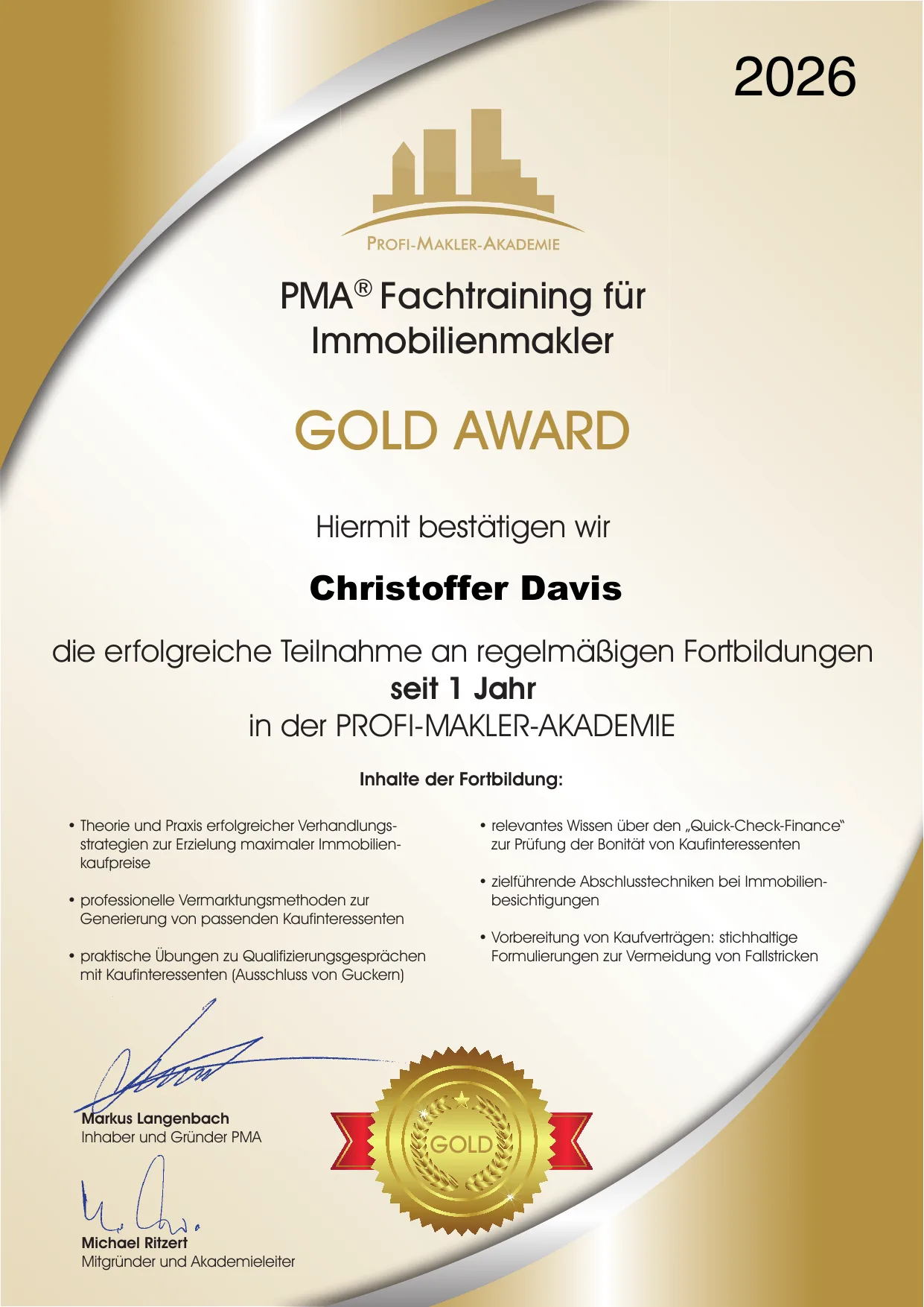 Zertifikat: PMA® Fachtraining für Immobilienmakler mit Gold Award 2026 der Profi-Makler-Akademie für Christoffer Davis